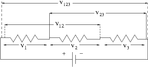 Three resistors in series with a battery