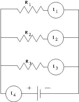 Three resistors in parallel with a battery