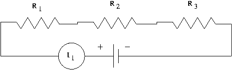 Three resistors in series with a battery