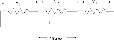 Three resistors in series with a battery